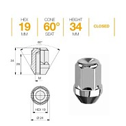 Гайка M12x1.5 L34 H19 Zn конус Ellis N19BCN34C